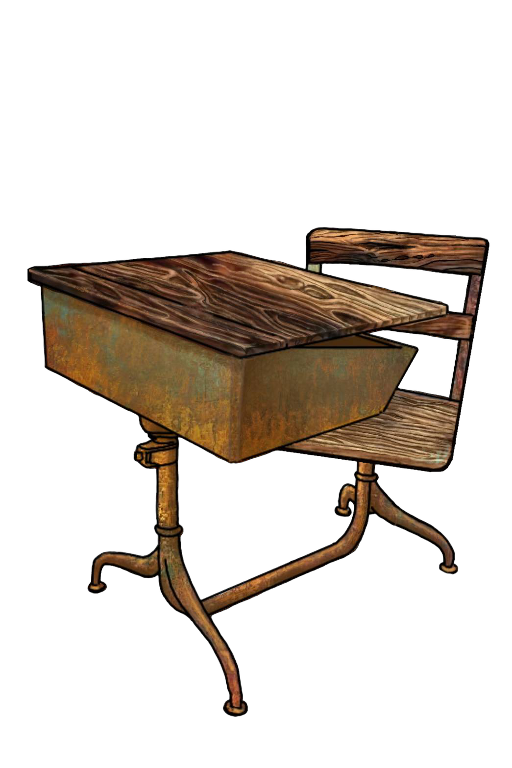 a rusty school desk on a black background